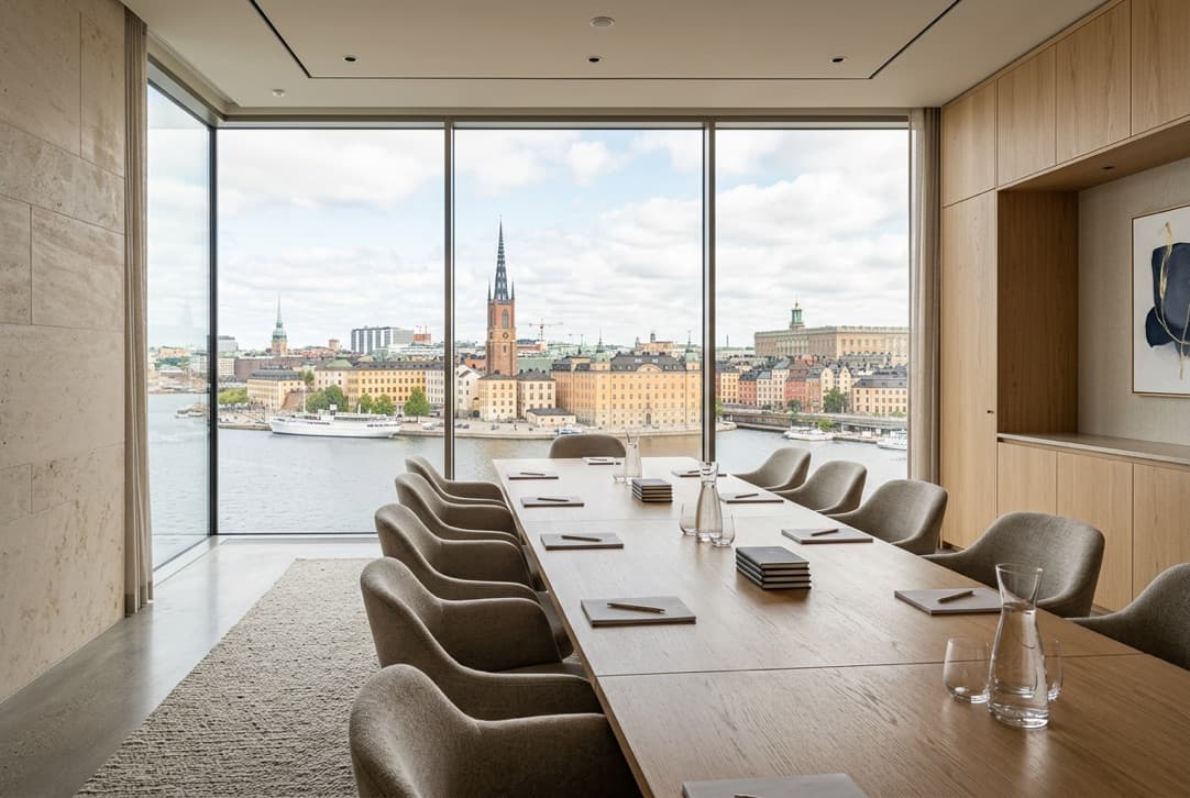 Modern boardroom with panoramic city view